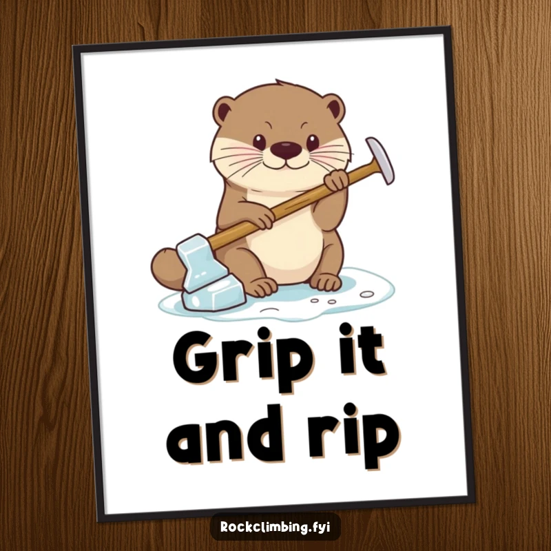 Funny Digital Art Print of a focused otter using a miniature ice axe to maintain a strong grip, ideal for instant wall decor.