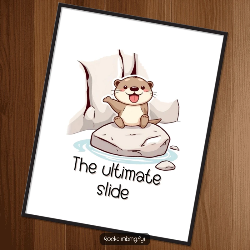Funny otter digital art print showing a joyful otter sliding down a rock face on a stone, a humorous and downloadable piece for decor.