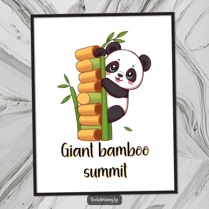 Funny panda climbing a giant bamboo stack as a downloadable art print, bringing humor and motivation to home decor.