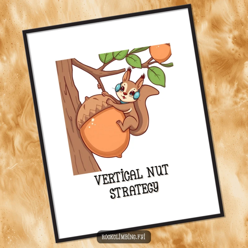 Funny squirrel in climbing gear scaling a giant acorn, digital art print for instant download.