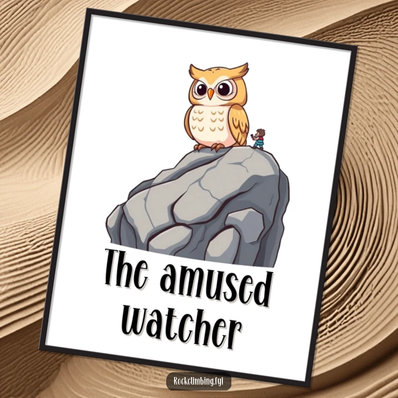 Funny wise owl perched on a rocky outcrop, observing a climber with amusement, high-quality digital art.