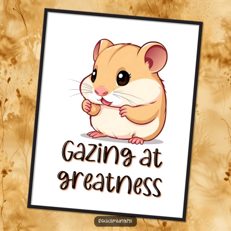 Funny curious hamster digital art print of a bright-eyed rodent inspecting tiny handholds, symbolizing ambition and humor for instant decor.