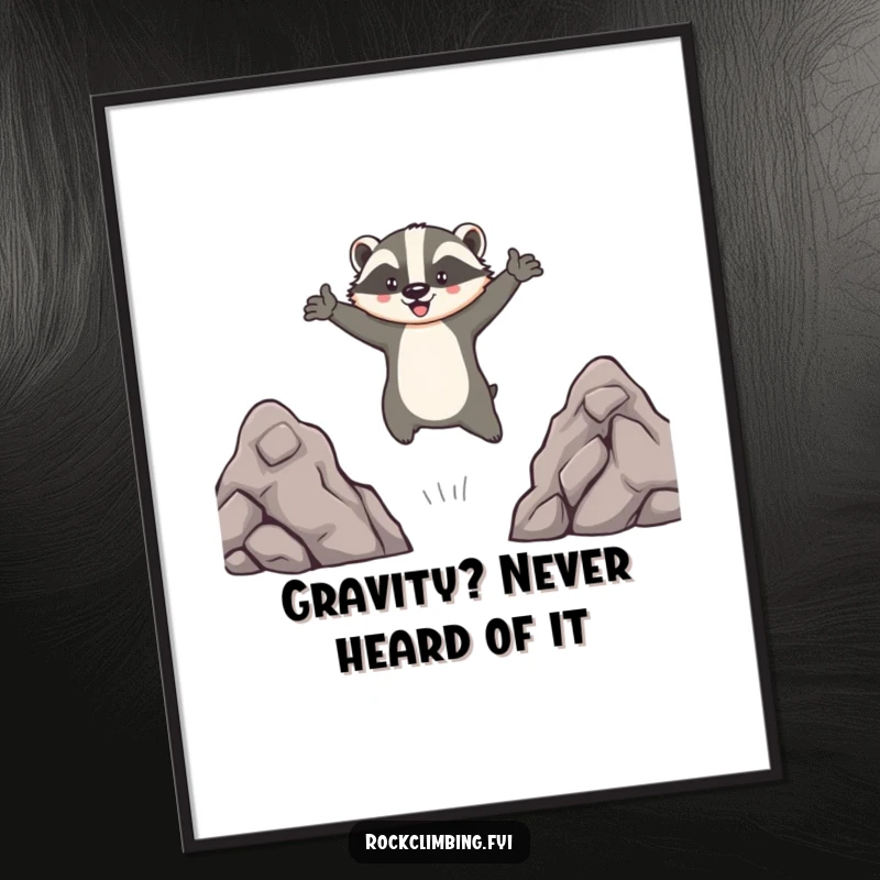 Funny digital art print of a brave badger mid-leap between two rocks, arms outstretched, showcasing an epic and hilarious animal adventure.