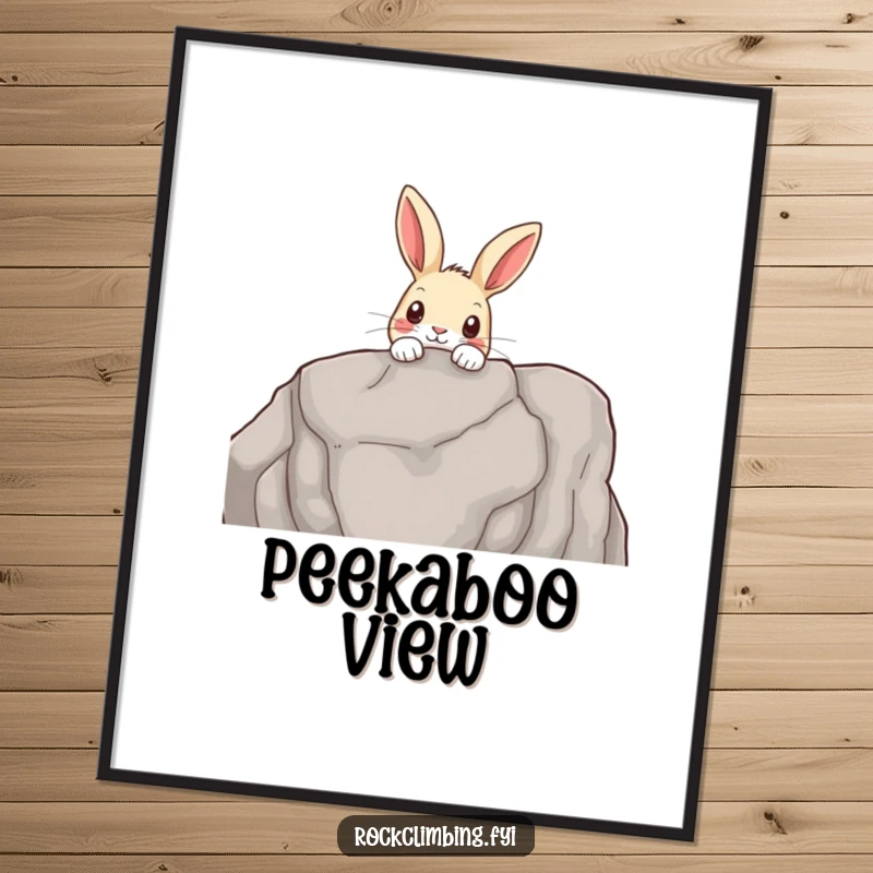 Funny digital art print of a curious rabbit peeking over a rocky outcrop, embodying exploration and the charm of the natural world.