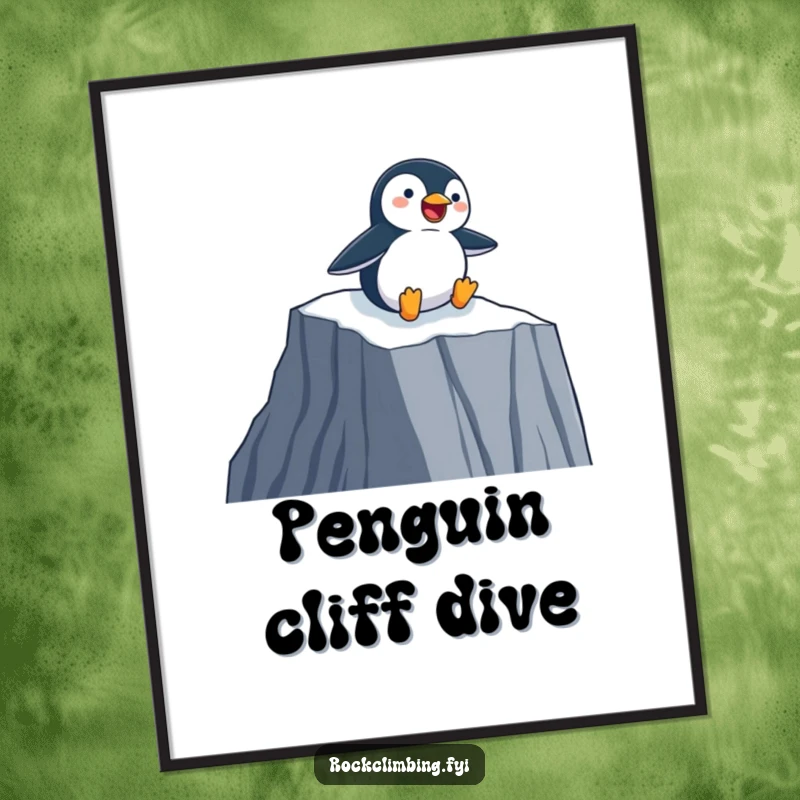 Funny Digital Art Print of a happy penguin sliding down a sheer cliff face on its belly, a humorous and joyful artwork.