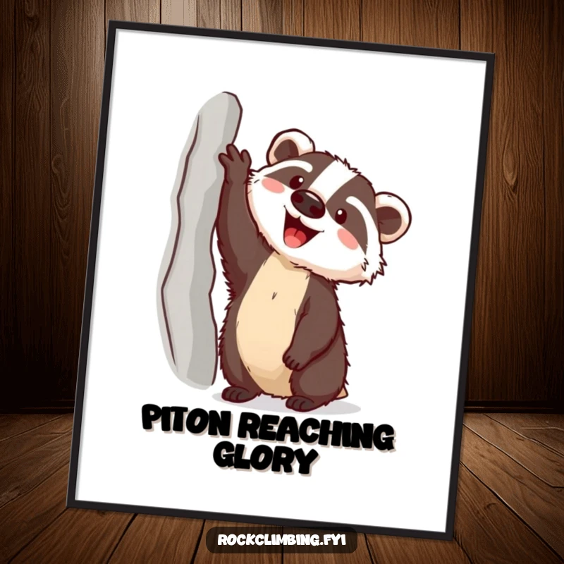 Funny badger climbing toward a high ledge as a downloadable art print, bringing adventurous humor to wall decor.