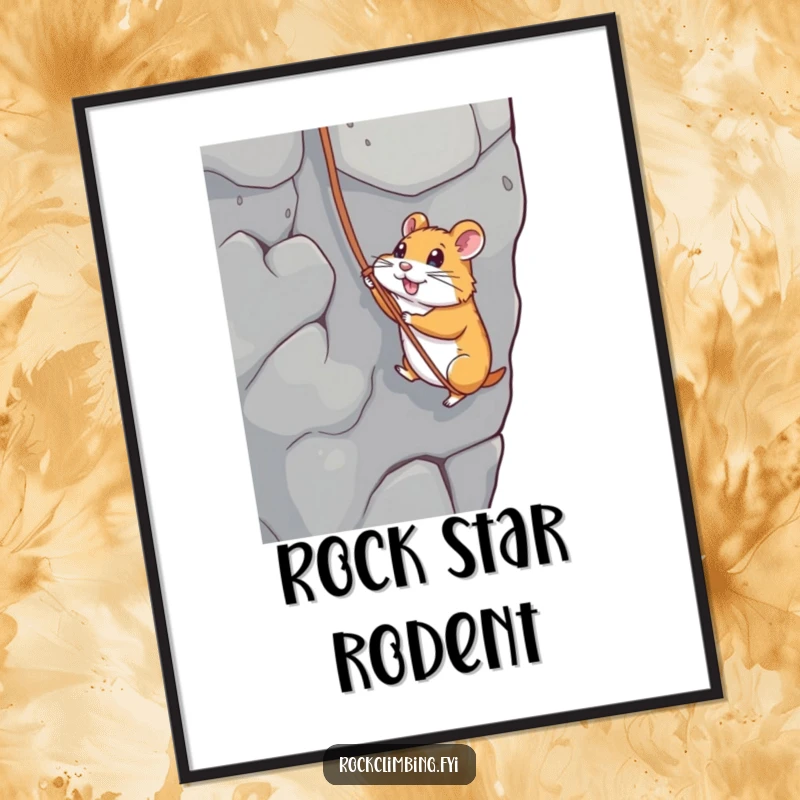 Funny digital art print of a hamster rappelling down a rock face with a string, capturing an adventurous and humorous moment.