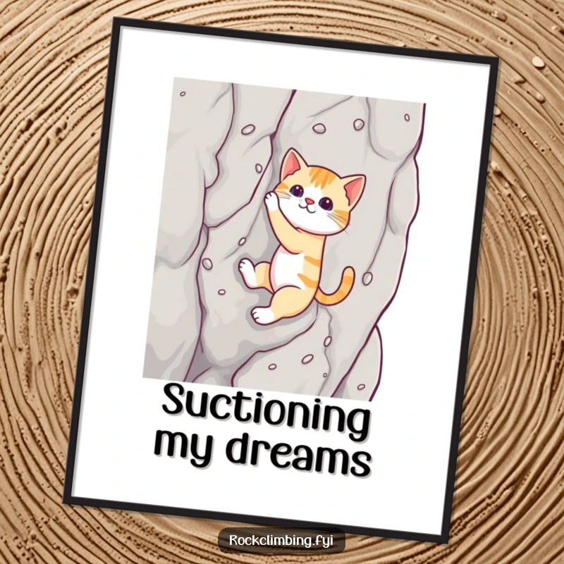 Funny cat digital art print showing a cat climbing a rock with suction cups, a humorous piece.