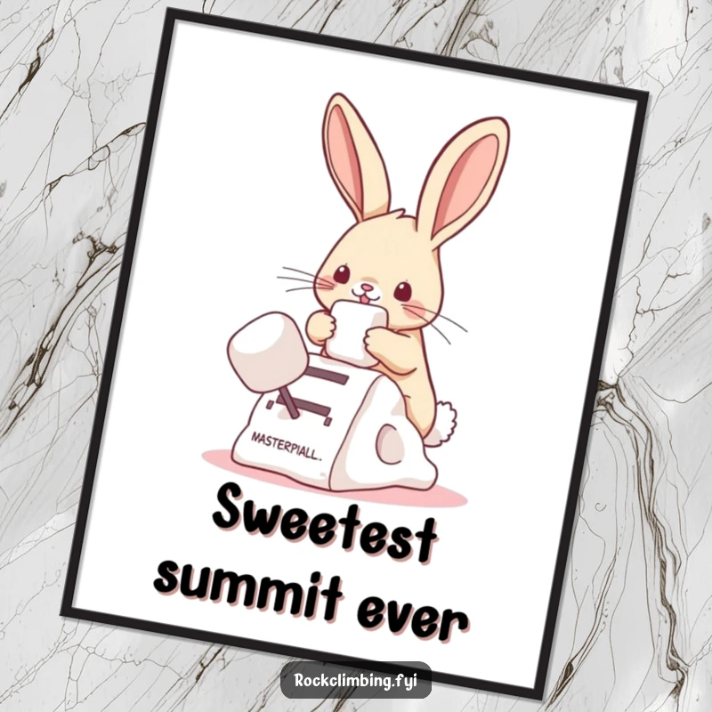 Digital Funny Bunny Marshmallow Climb Art Print: a bunny using a marshmallow to climb, bringing sweetness and humor.