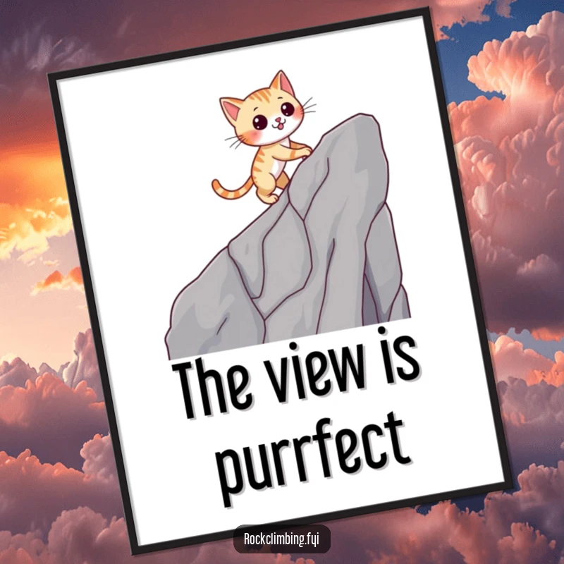 Digital Funny Cat Cliff Climb Art Print: a winking cat scaling a cliff, bringing agility and humor to any room.