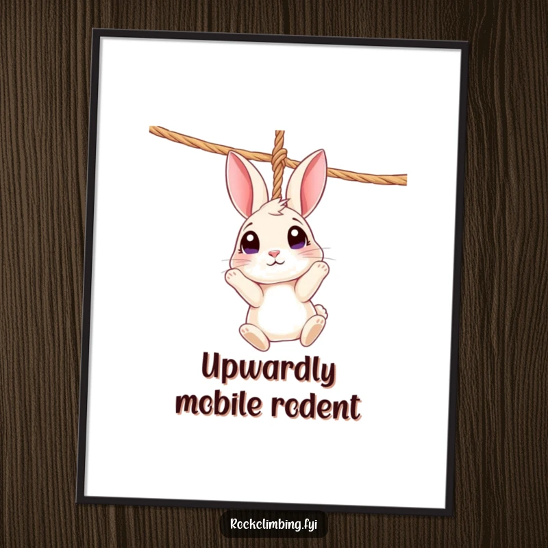 Funny Rabbit Rope Digital Art Print: A curious rabbit dangles from a rope, wide-eyed, charming and whimsical.