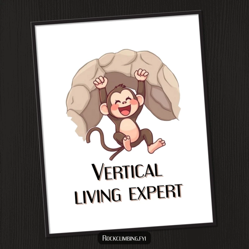 Funny digital art print of a monkey joyfully swinging from a rocky overhang, capturing a moment of pure exuberance.