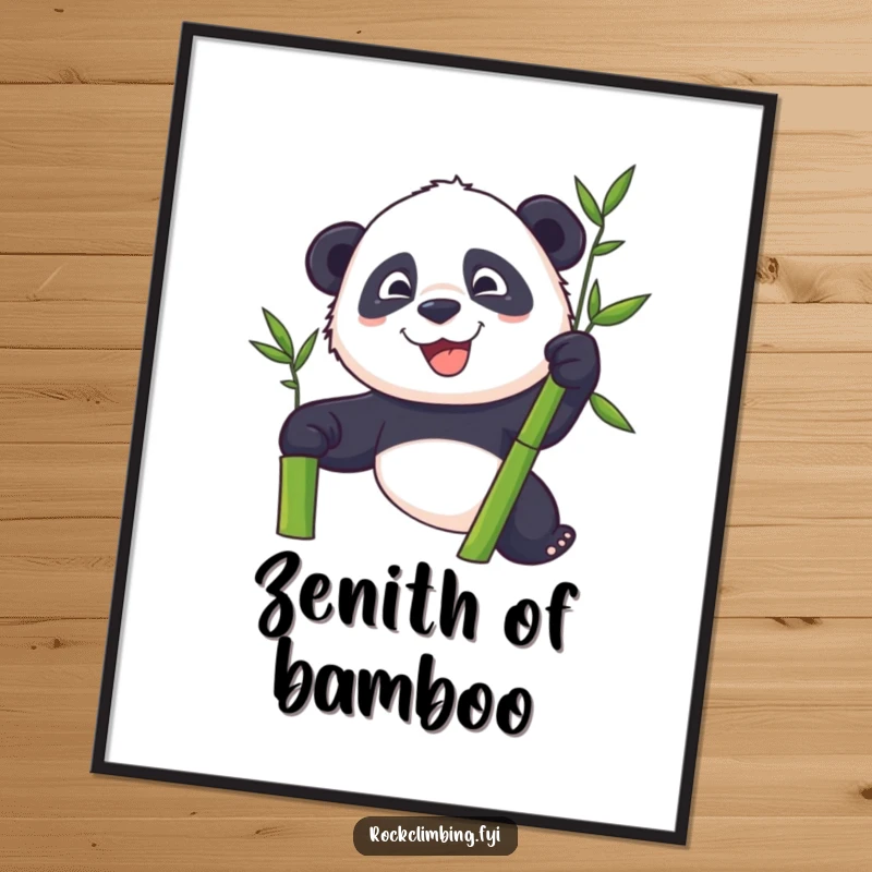 Funny panda with a determined grin climbing a bamboo stalk, digital art print for instant download.