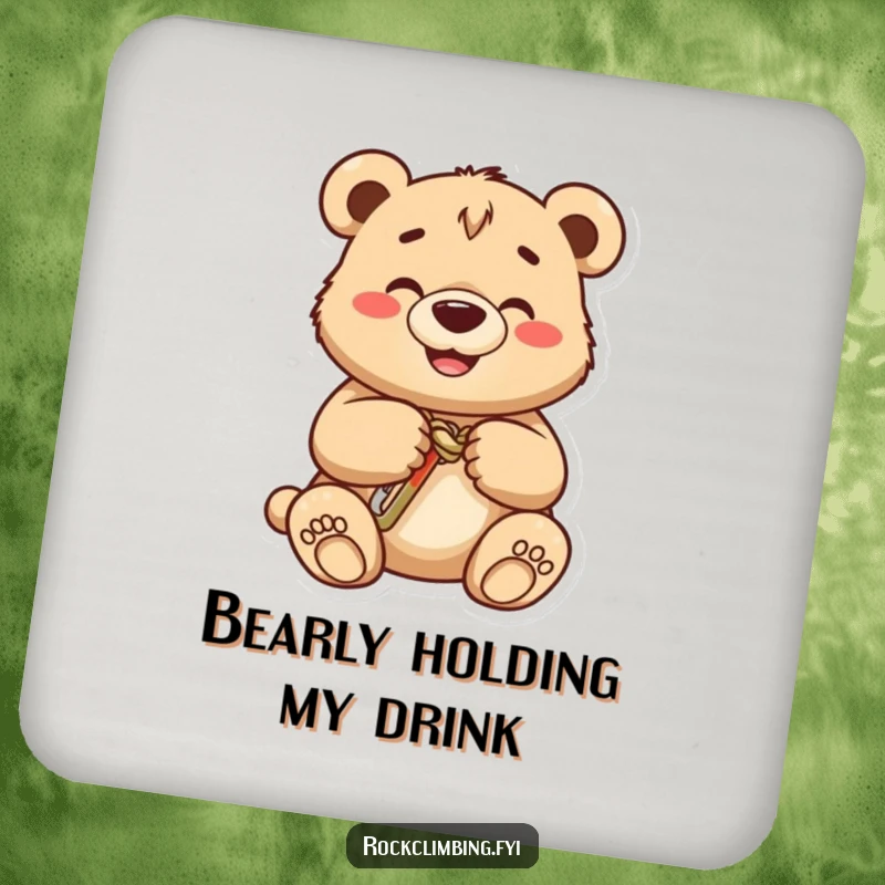 Funny bear cub coaster, a happy cub places a carabiner on a knot, bringing comedic relief to beverage protection.