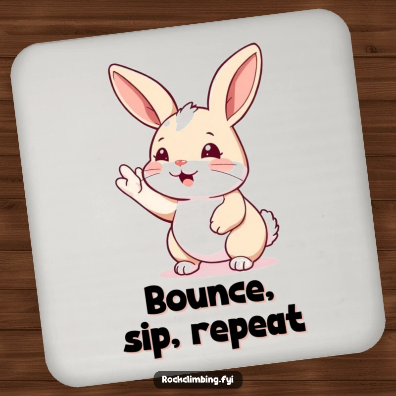 Funny rabbit climbing coaster showing a rabbit reaching for a handhold. Protects surfaces with humor and motivation.