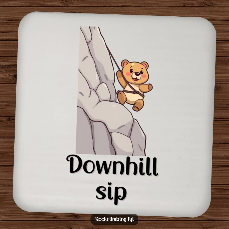 Funny Bear Coaster: A determined bear confidently rappels down a cliff, protecting your table with adventurous spirit.