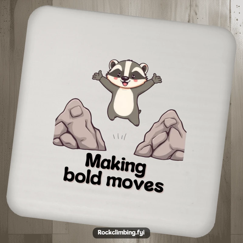 Funny drink coaster with a brave badger leaping between outcrops, arms spread, adding a humorous touch of adventure to table settings.