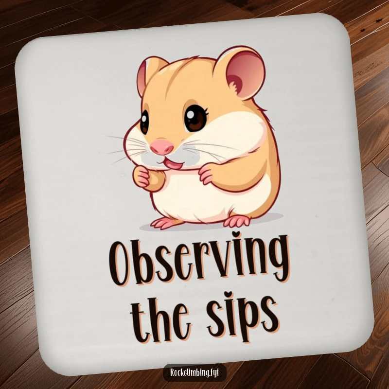 Funny curious hamster coaster showing a small rodent examining tiny handholds, adding a humorous and protective touch to any table.