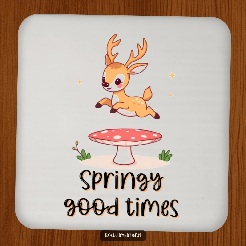 Funny coaster, a deer humorously using a mushroom as a trampoline, a comical accent coaster for tables.
