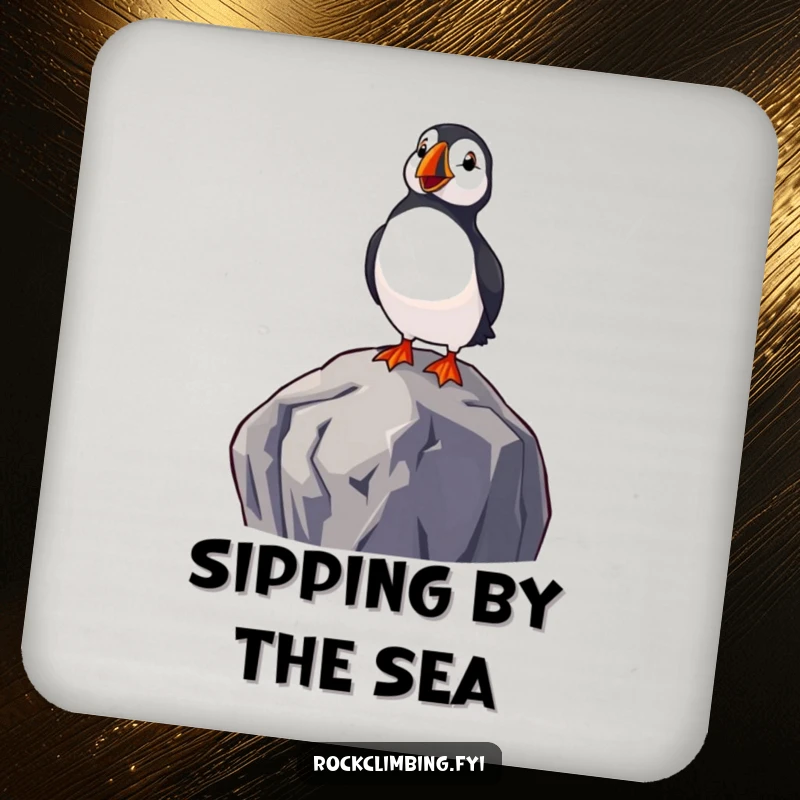 Funny drink coaster with a delighted puffin perched on a rock by the sea, adding a humorous and cheerful coastal touch.