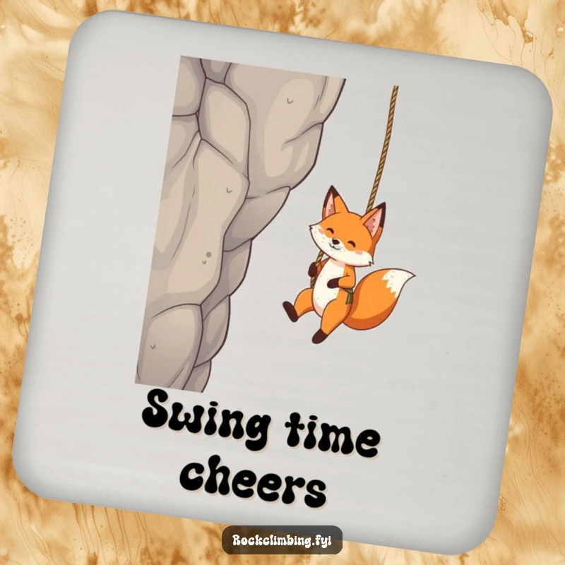 Funny Fox Coaster: A playful fox swings from a rope near a crag, protecting your table with whimsical charm.