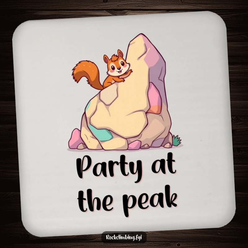 Funny giddy squirrel coasters featuring a smiling squirrel climbing a colorful cartoon rock, protecting tables with fun.