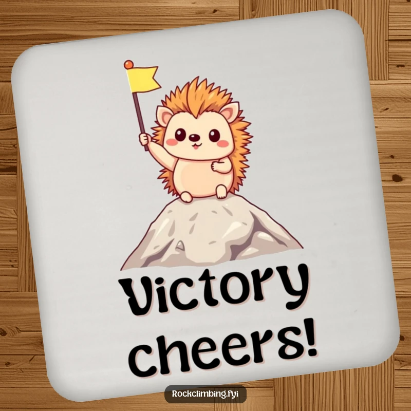 Funny Drink Coaster featuring a triumphant hedgehog holding a tiny flag at the summit, adding a celebratory touch to tables.