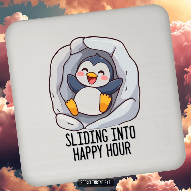 Funny joyful penguin coaster showing a happy bird sliding down a rock, adding a humorous and protective touch to any table.