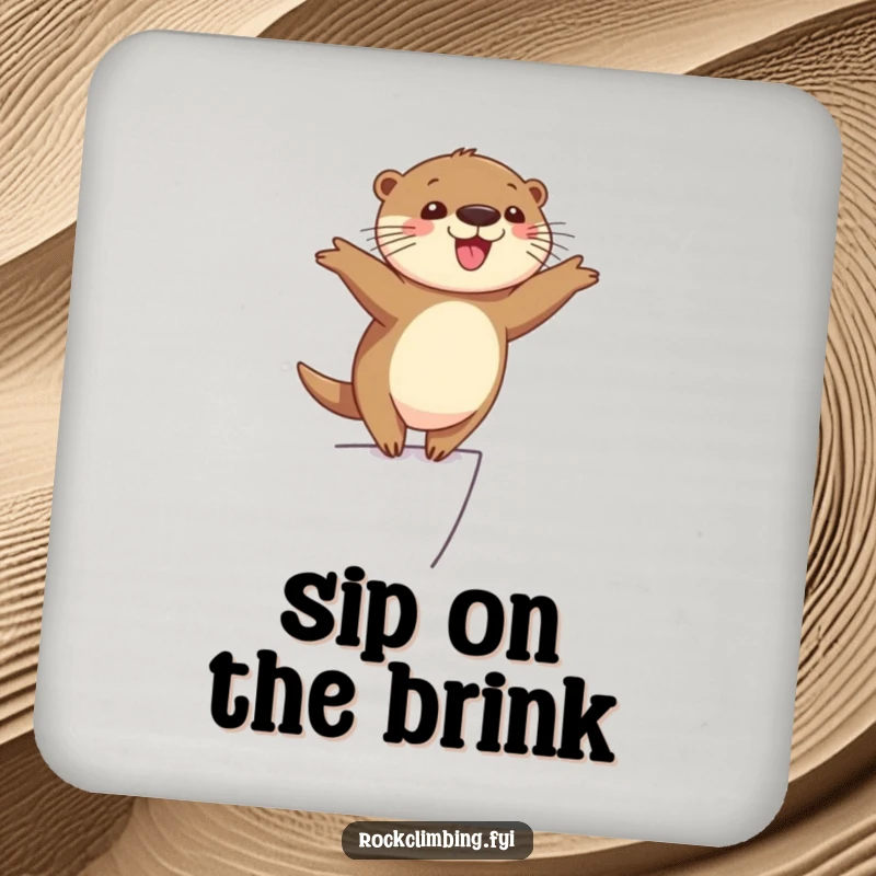 Funny cheerful otter balancing precariously on a narrow ledge with arms outstretched, looking happy and playful, a practical funny coaster.
