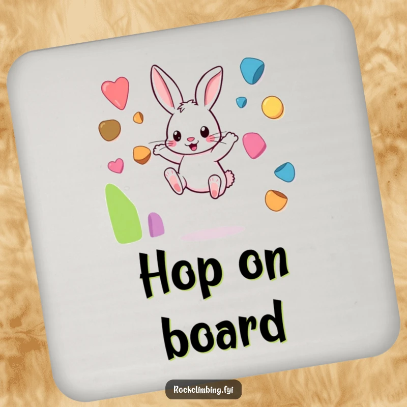 Funny rabbit coaster showing a playful bunny mid-leap between small climbing holds, protecting surfaces with charm.