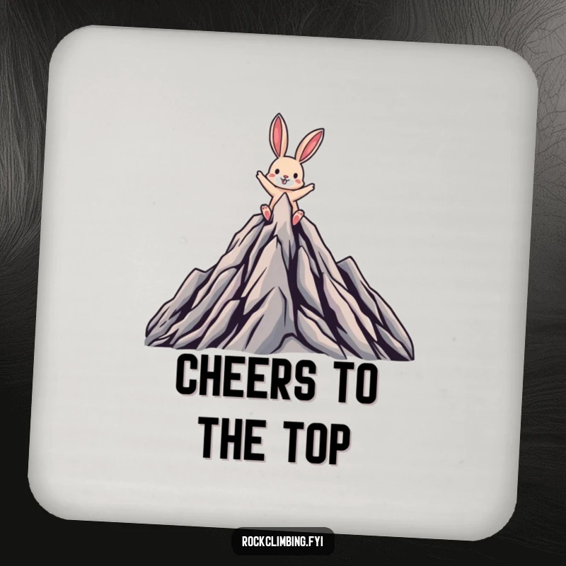 Funny drink coaster depicting a triumphant rabbit reaching a mountain peak, symbolizing ultimate victory.