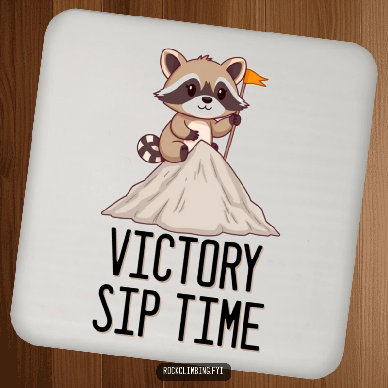 Funny mischievous raccoon planting a tiny flag at the summit of a small peak on a drink coaster.
