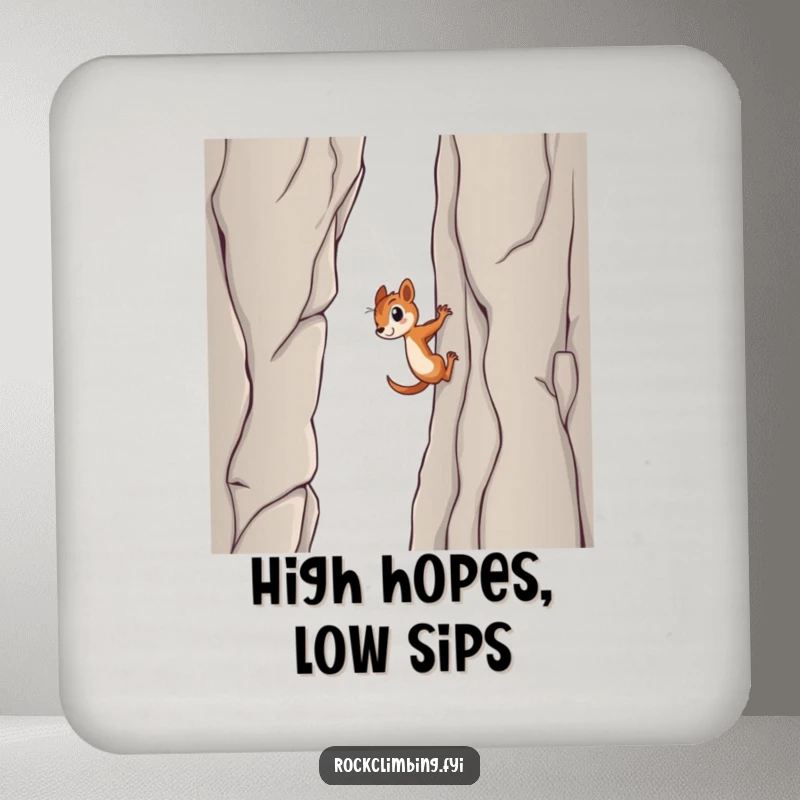 Funny squirrel coaster, showing a determined squirrel scaling a sheer cliff face, adding a touch of adventurous humor to protect any surface.