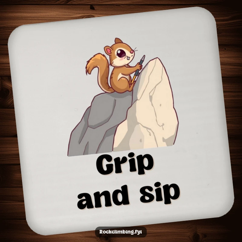 Funny drink coasters adorned with a determined squirrel using tiny tools to climb a rock face, adding grit to your table.