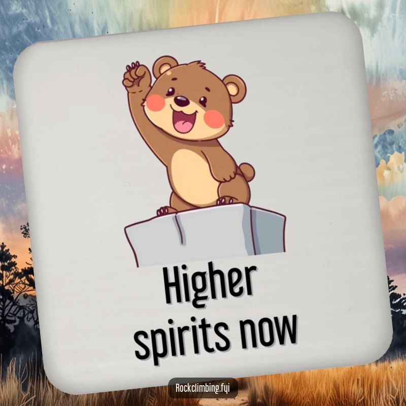 Funny Bear Cub Climbing Coaster: A determined cub reaches for a high ledge, offering funny and inspiring protection.