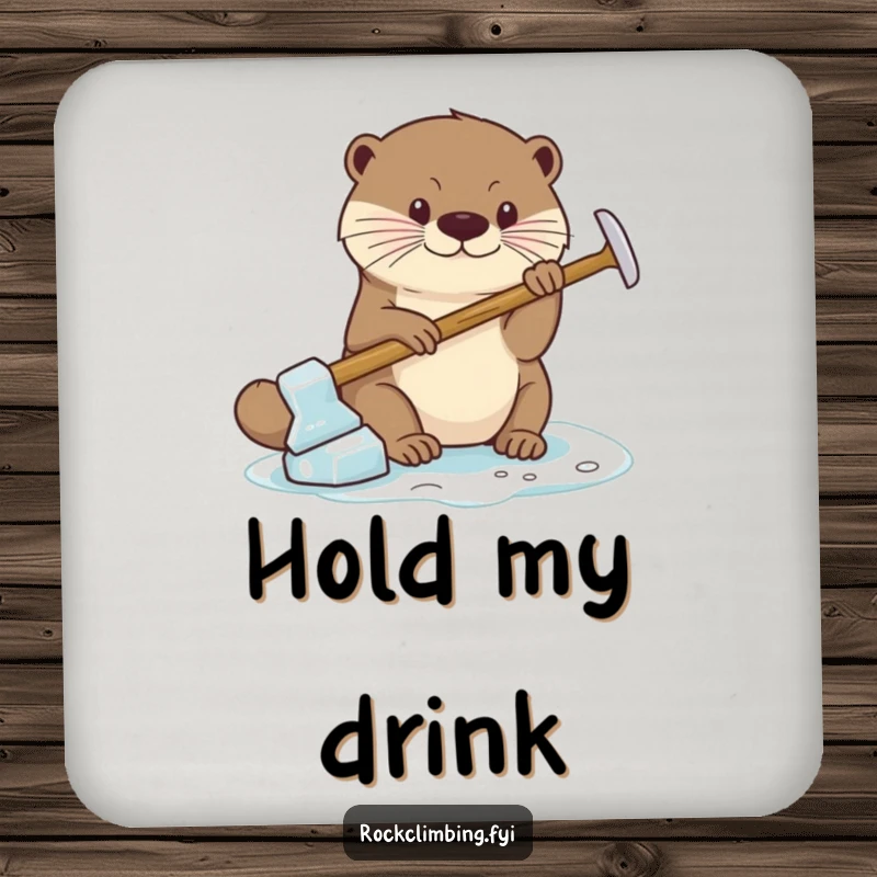 Funny Drink Coaster featuring a focused otter using a miniature ice axe for a strong grip, protecting tables with style.