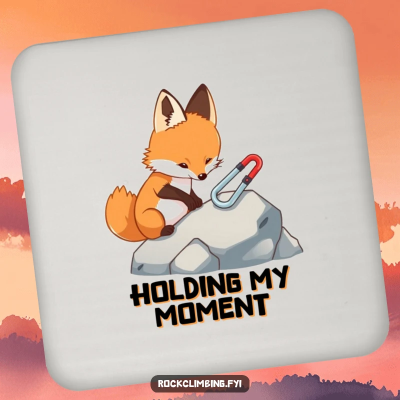 Funny fox coaster, showing a focused fox carefully attaching a miniature carabiner to a rock, offering humorous protection for surfaces.