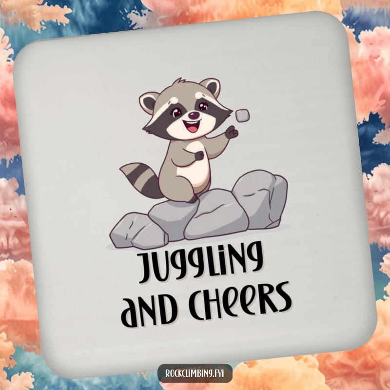 Funny raccoon coaster featuring a giggling raccoon juggling rocks while climbing, a humorous coaster for drinks and surface protection.
