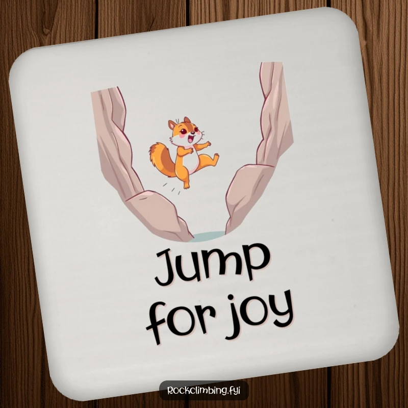 Funny determined squirrel leaping joyfully mid-air on a drink coaster, a fun accessory for any table.