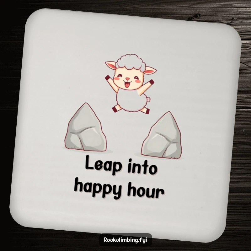 Funny drink coaster with a delighted sheep leaping between two pointed rocks, perfect for adding joy to drinks.