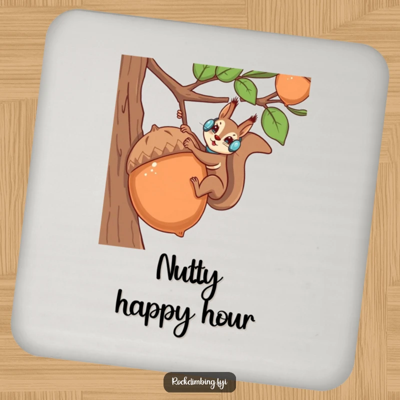 Funny squirrel in climbing gear scaling a large acorn on a set of drink coasters.