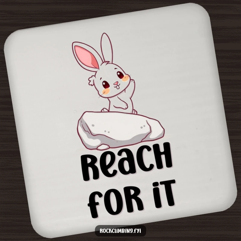 Funny drink coasters featuring a curious rabbit reaching for a colorful handhold on a boulder, adding humor and protection.