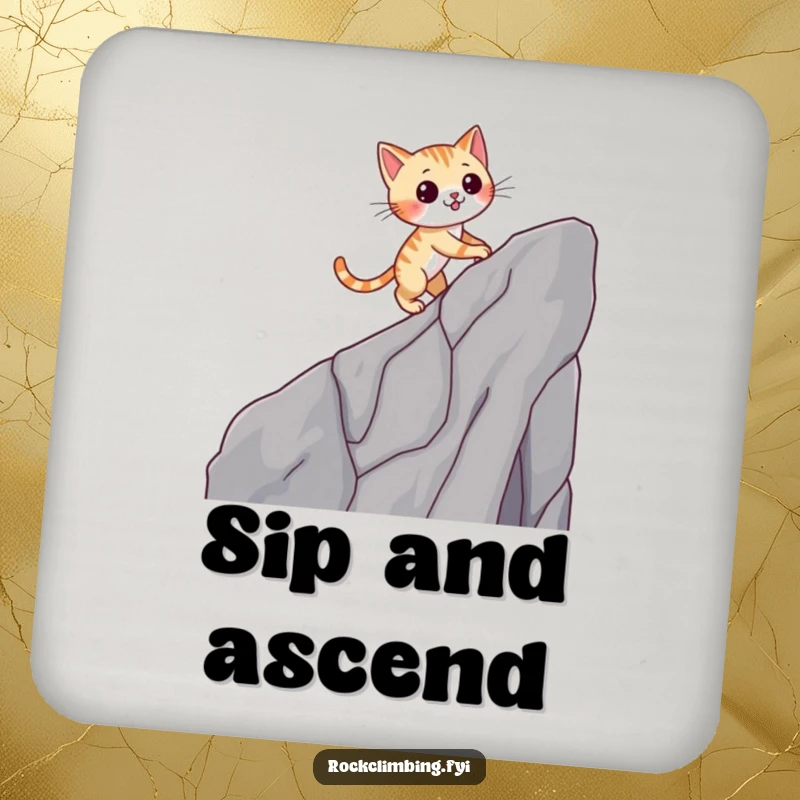 Funny cat coaster depicting a winking cat climbing a cliff, adding a humorous and protective touch.