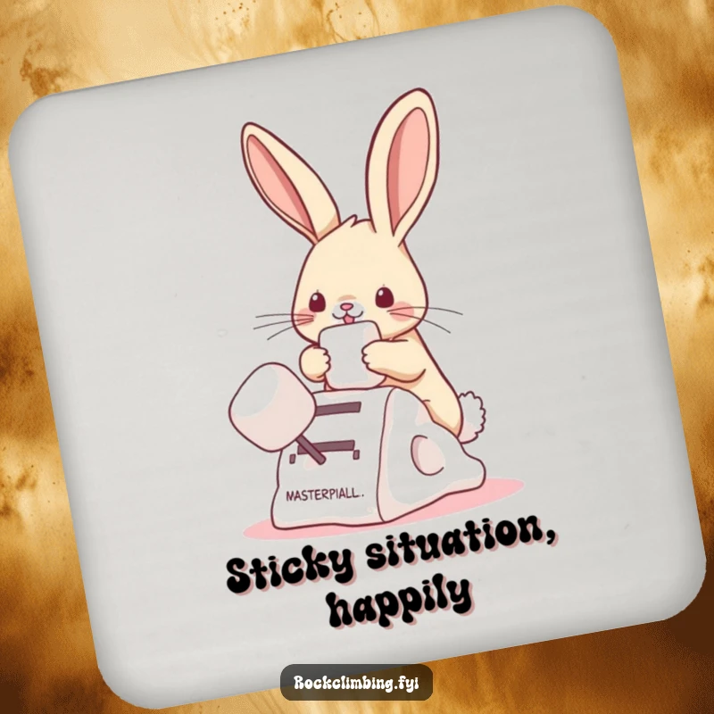 Funny bunny coaster depicting a bunny climbing a marshmallow, adding a sweet and humorous touch to any table.
