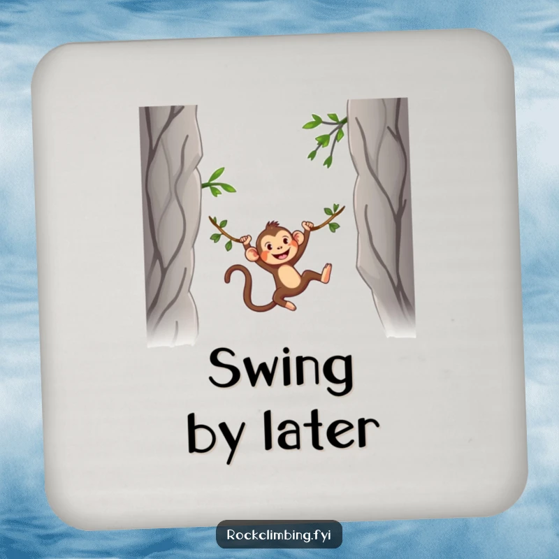 Funny Drink Coaster featuring a silly monkey swinging on a vine between two rocky peaks, adding a playful touch to tables.