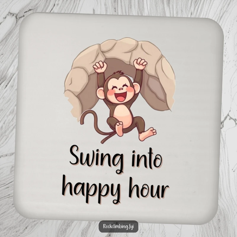 Funny drink coaster featuring a monkey swinging from a rock, adding a playful touch to any surface.