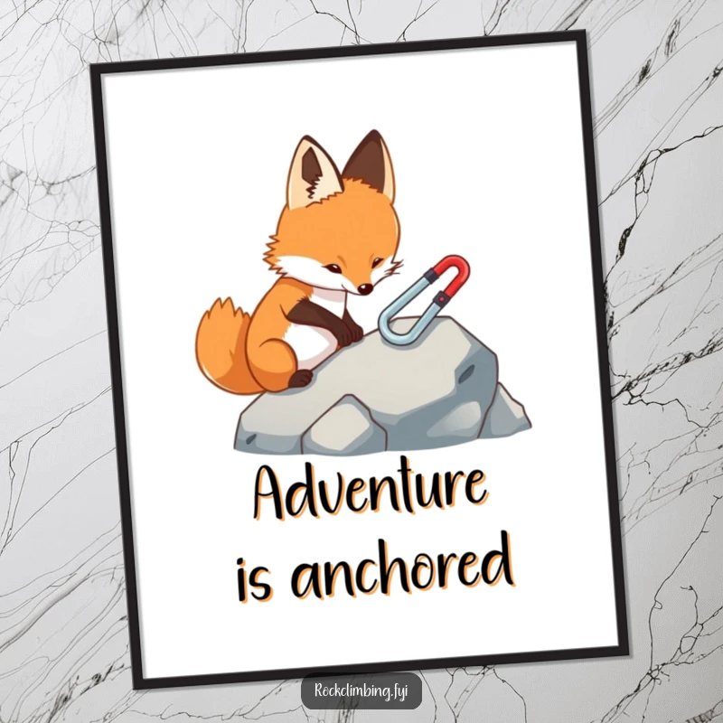 Funny fox poster, illustrating a focused fox carefully placing a miniature carabiner on a rock, showcasing precision and outdoor passion.