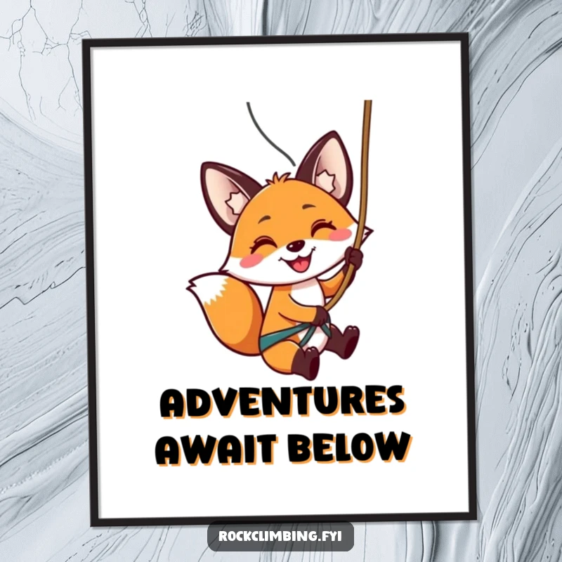 Funny poster of a joyful fox rappelling down a rock face with a rope, highlighting extreme sports and humor.