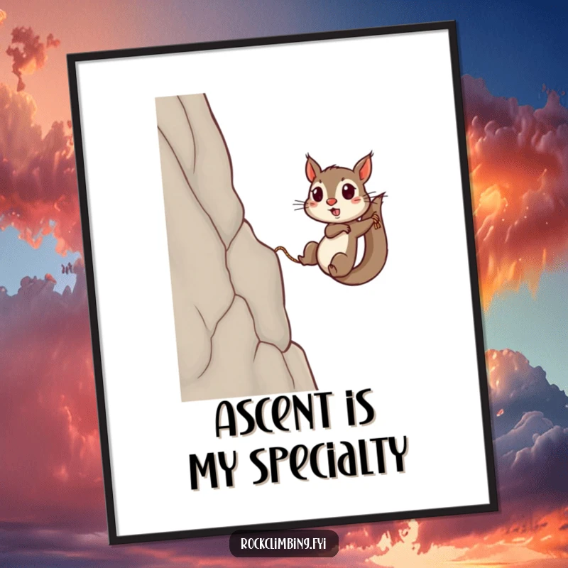 Funny squirrel poster showcasing a small, determined squirrel heroically climbing a steep cliff using a thin rope, exuding triumph.