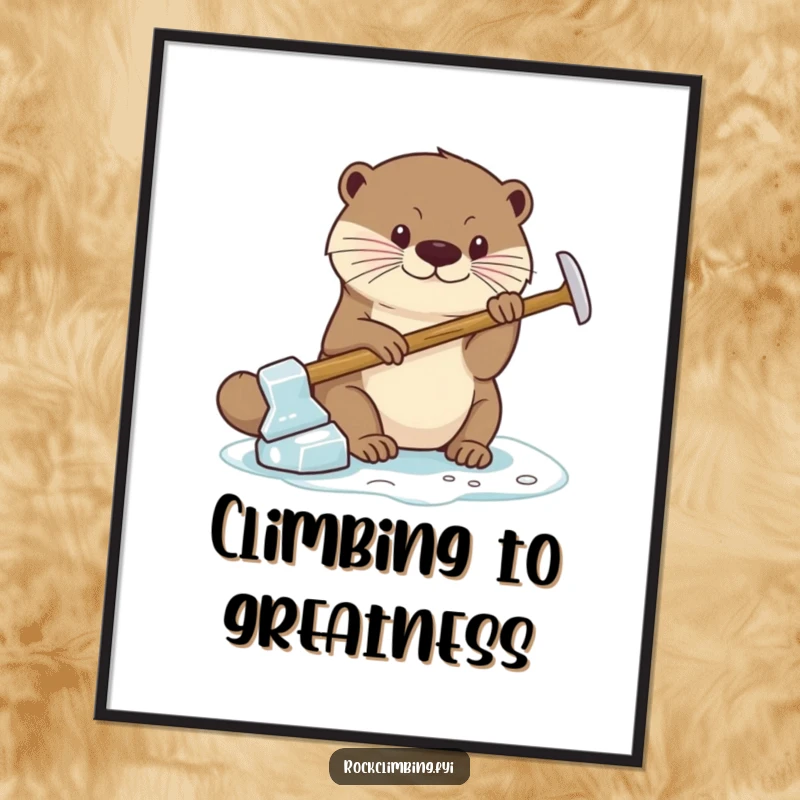 Funny Poster featuring a focused otter with a miniature ice axe, demonstrating a strong, secure grip on a challenging surface.